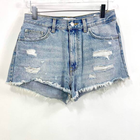 ZARA Blue Cotton Light Wash Distressed Denim Shorts - Picture 8 of 8